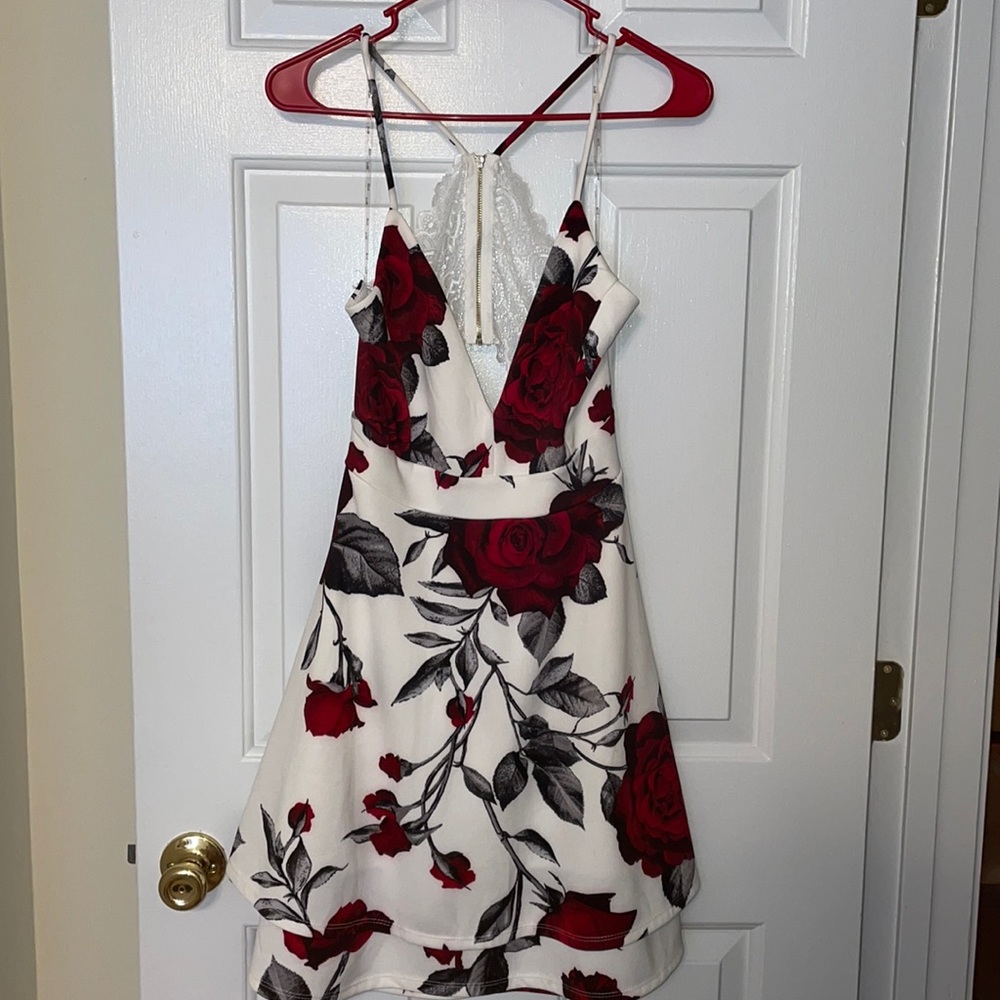 White and red rose cocktail dress